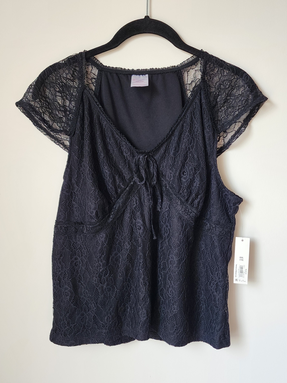 Black Lace Tie-Front Cap Sleeve Top